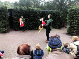 Actors with hand puppets during the Sprookjesboom Show at the Open-air Theatre at the Fairytale Forest at the Marerijk kingdom