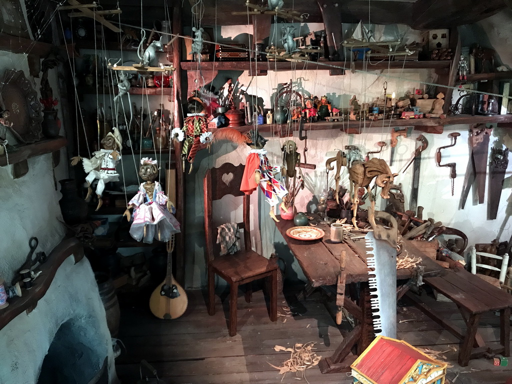 Interior of Geppetto`s House at the Pinocchio attraction at the Fairytale Forest at the Marerijk kingdom