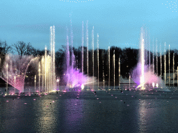 The Aquanura lake at the Fantasierijk kingdom, during the water show, at sunset