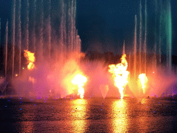 The Aquanura lake and fire at the Fantasierijk kingdom, during the water show, at sunset