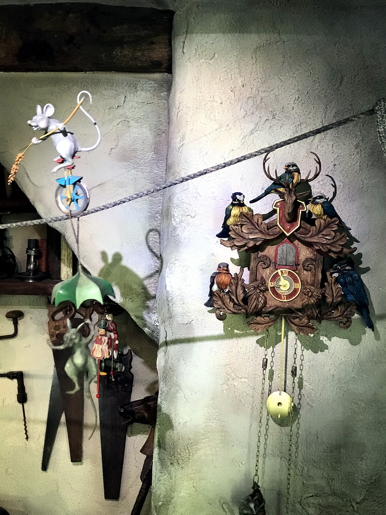 Mice and clock in Geppetto`s House at the Pinocchio attraction at the Fairytale Forest at the Marerijk kingdom