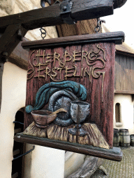 `Herberg Ersteling` sign at the front of the Inn of the Wishing-Table, the Gold-Ass, and the Cudgel in the Sack attraction at the Fairytale Forest at the Marerijk kingdom