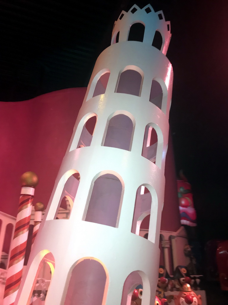 Leaning tower of Pisa at the Italian scene at the Carnaval Festival attraction at the Reizenrijk kingdom