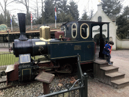 Max at the locomotive in front of Train Station Marerijk at the Marerijk kingdom