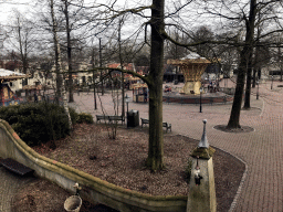 The Anton Pieck Plein square at the Marerijk kingdom with a carousel and restaurants, viewed from the monorail at the Laafland attraction