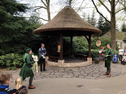 Actors with hand puppets at the Sprookjessprokkelaar stage at the entrance to the Fairytale Forest at the Marerijk kingdom