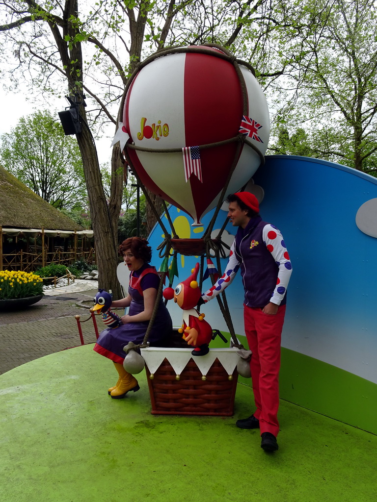 Actors and hand puppets at the Jokie and Jet attraction at the Carnaval Festival Square at the Reizenrijk kingdom