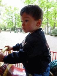 Max on a rooster statue at the Vermolen Carousel at the Anton Pieck Plein square at the Marerijk kingdom