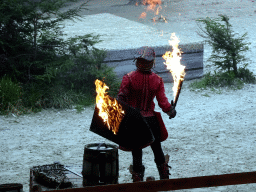 Actor on fire on the stage of the Raveleijn theatre at the Marerijk kingdom, during the Raveleijn Parkshow