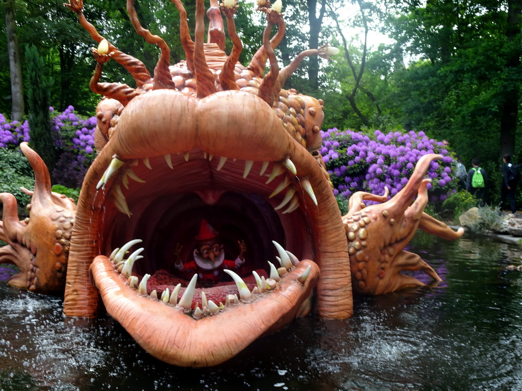 Giant fish with Pinocchio inside at the Pinocchio attraction at the Fairytale Forest at the Marerijk kingdom