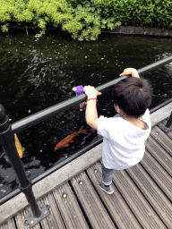 Max with fish in the pond of the garden of the Chinese Nightingale attraction at the Fairytale Forest at the Marerijk kingdom