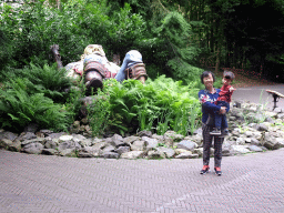 Max and Miaomiao`s mother in front of the Tom Thumb attraction at the Fairytale Forest at the Marerijk kingdom
