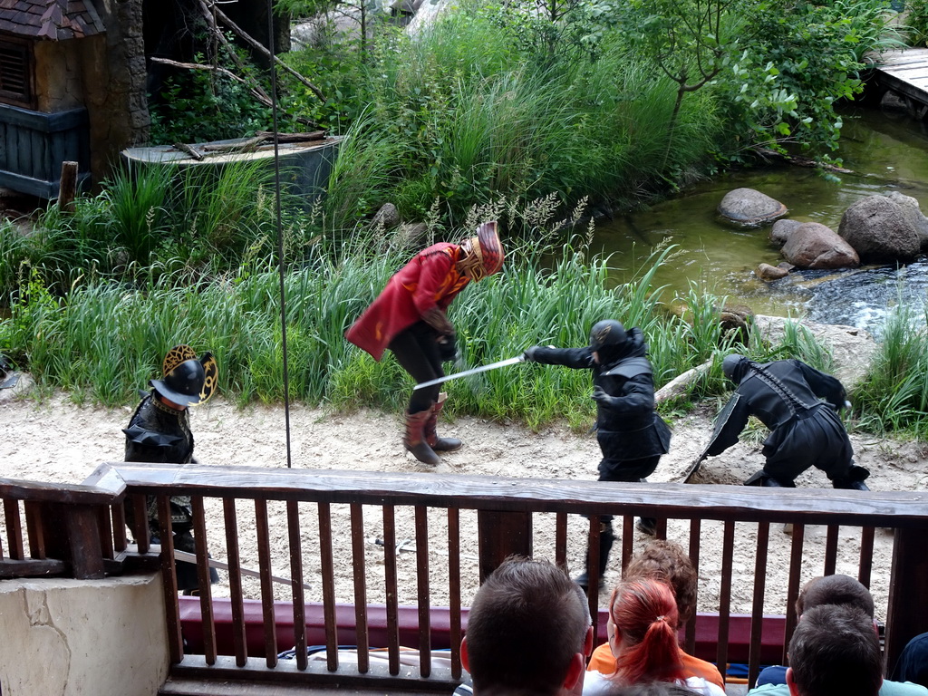 Actors on the stage of the Raveleijn theatre at the Marerijk kingdom, during the Raveleijn Parkshow