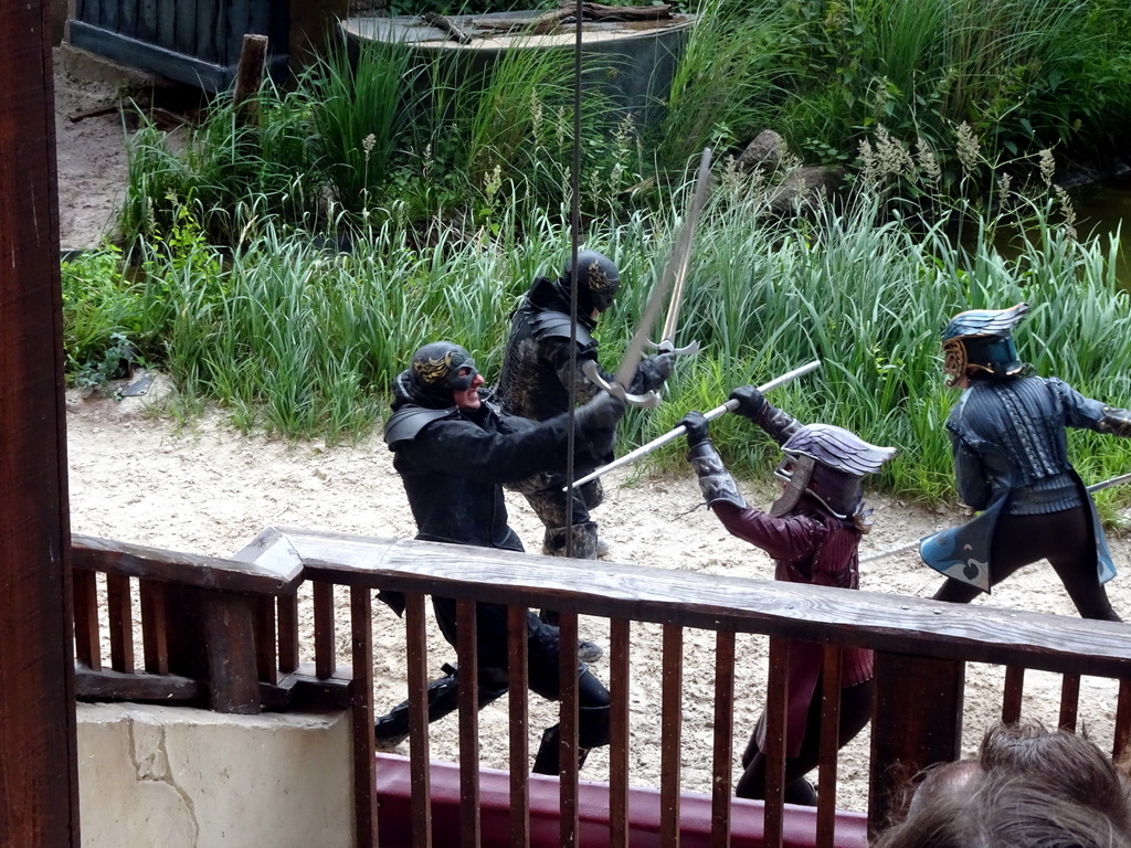 Actors on the stage of the Raveleijn theatre at the Marerijk kingdom, during the Raveleijn Parkshow