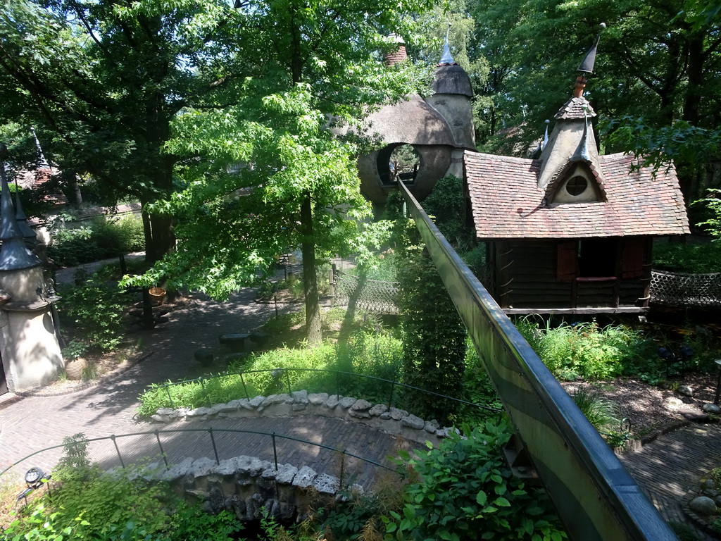 The Lijn`s Zweefhuys and Lavelhuys buildings at the Laafland attraction at the Marerijk kingdom, viewed from the monorail