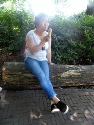 Miaomiao eating an ice cream in front of the Kinderspoor attraction at the Ruigrijk kingdom