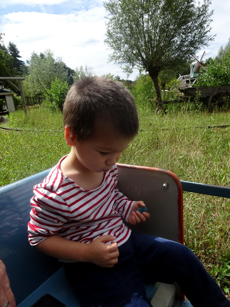 Max in the train at the Kinderspoor attraction at the Ruigrijk kingdom