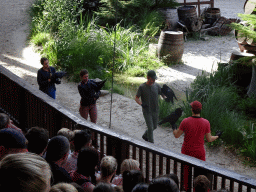 Actors and birds on the stage of the Raveleijn theatre at the Marerijk kingdom, during the Raveleijn Parkshow