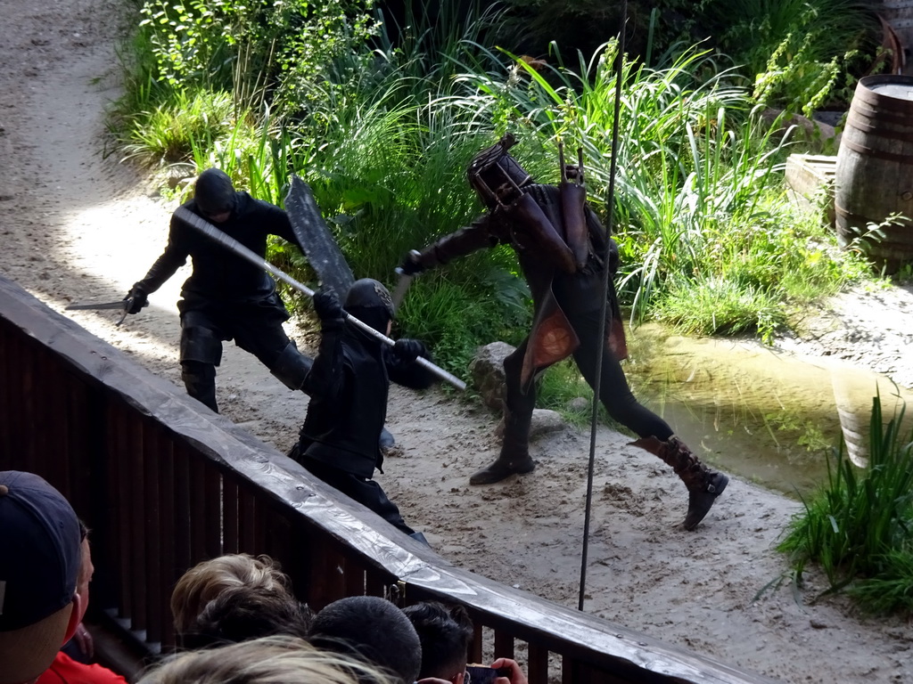 Actors on the stage of the Raveleijn theatre at the Marerijk kingdom, during the Raveleijn Parkshow