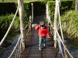 Max on a bridge with fountains at the Adventure Maze at the Reizenrijk kingdom