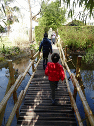 Max and our friend on a bridge with fountains at the Adventure Maze at the Reizenrijk kingdom