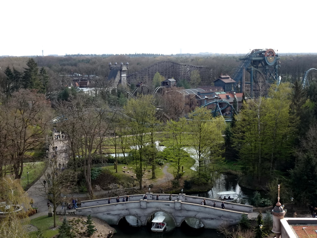 The Gondoletta attraction at the Reizenrijk kingdom and the Baron 1898, Vliegende Hollander and Joris en de Draak attractions at the Ruigrijk kingdom, viewed from the Pagoda attraction at the Reizenrijk kingdom