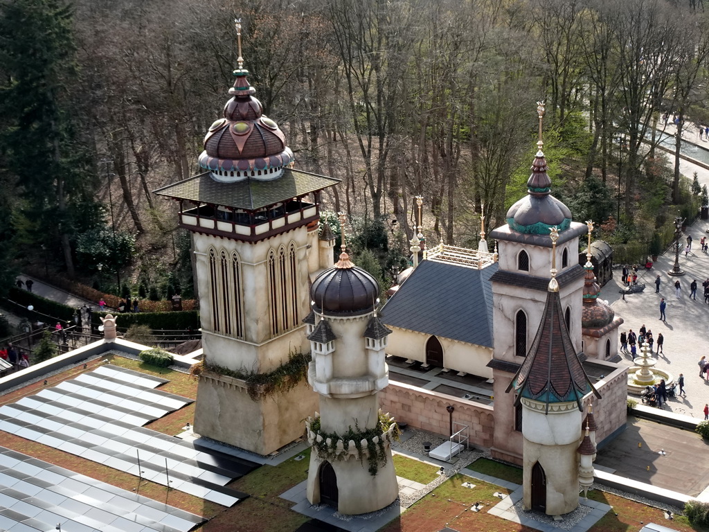 The towers of the Symbolica attraction at the Fantasierijk kingdom, viewed from the Pagoda attraction at the Reizenrijk kingdom