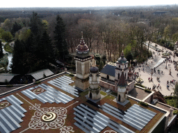 The towers and roof of the Symbolica attraction at the Fantasierijk kingdom, viewed from the Pagoda attraction at the Reizenrijk kingdom