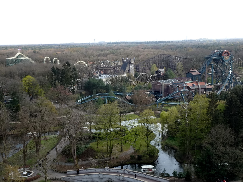 The Gondoletta attraction at the Reizenrijk kingdom and the Python, Baron 1898, Vliegende Hollander and Joris en de Draak attractions at the Ruigrijk kingdom, viewed from the Pagoda attraction at the Reizenrijk kingdom