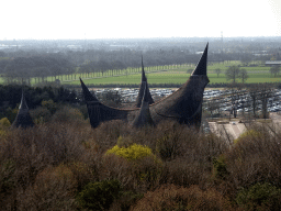 The House of the Five Senses, the entrance to the Efteling theme park, and the parking lot, viewed from the Pagoda attraction at the Reizenrijk kingdom