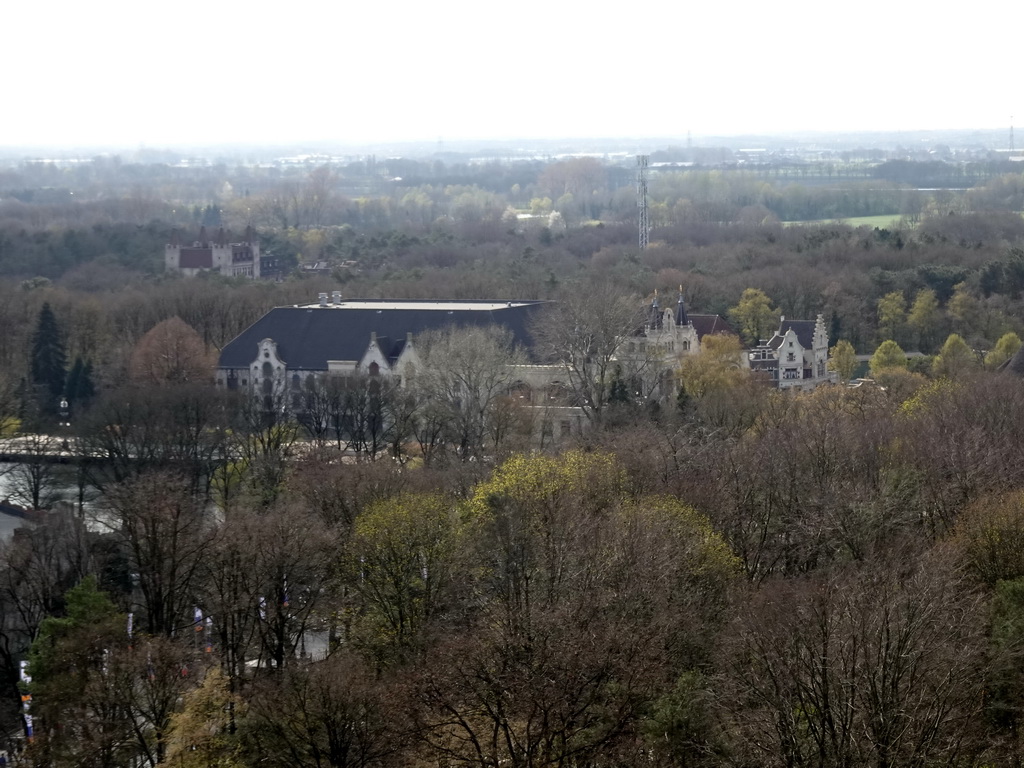 The Aquanura lake and the Efteling Theatre of the Anderrijk kingdom, viewed from the Pagoda attraction at the Reizenrijk kingdom