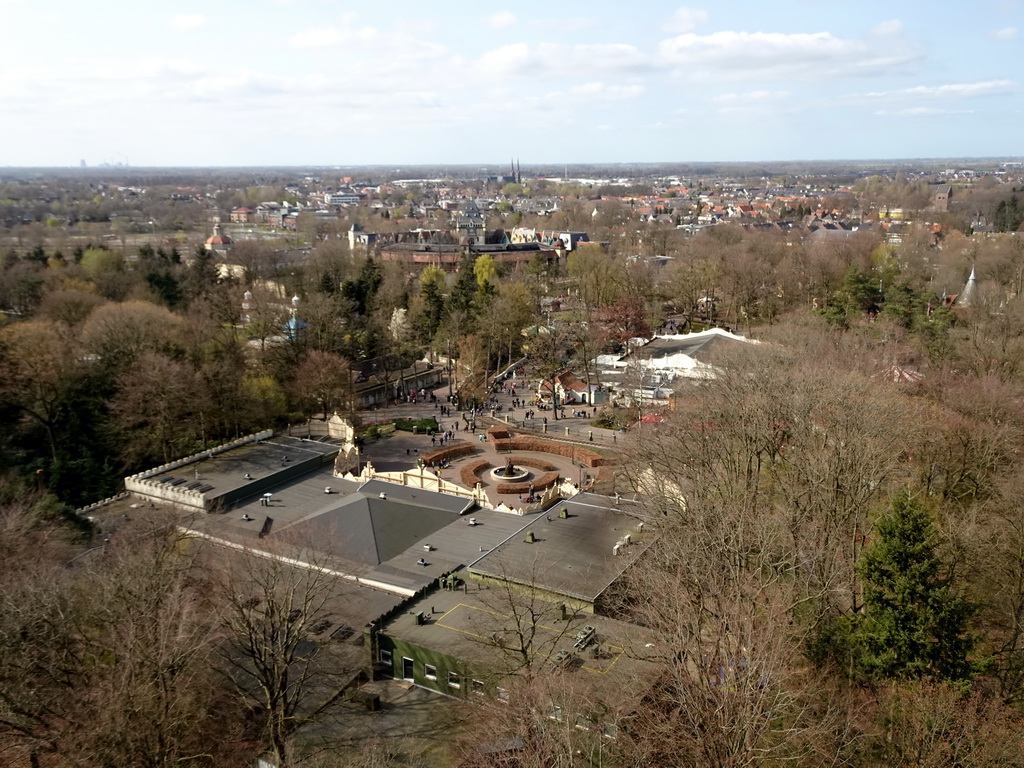 The Carrouselpaleis attraction and the Carrouselplein square at the Marerijk kingdom, viewed from the Pagoda attraction at the Reizenrijk kingdom