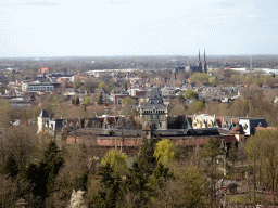 The Raveleijn theatre at the Marerijk kingdom and the Sint-Johannes de Doperkerk church at Kaatsheuvel, viewed from the Pagoda attraction at the Reizenrijk kingdom