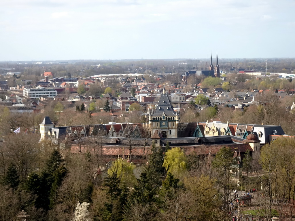 The Raveleijn theatre at the Marerijk kingdom and the Sint-Johannes de Doperkerk church at Kaatsheuvel, viewed from the Pagoda attraction at the Reizenrijk kingdom