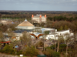 The Panorama Restaurant, the Jokies Wereld shop and the Monsieur Cannibale, Carnaval Festival and Vogel Rok attractions at the Reizenrijk kingdom and the Efteling Hotel, viewed from the Pagoda attraction