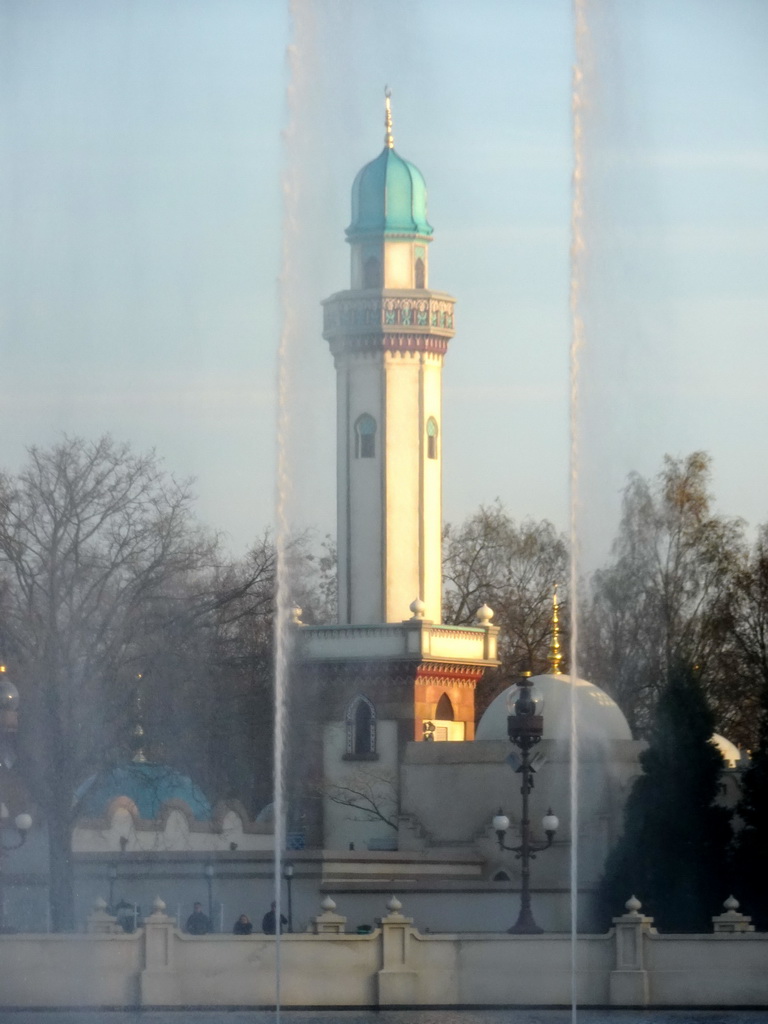 The tower of the Fata Morgana attraction at the Anderrijk kingdom, during the water show at the Aquanura lake at the Fantasierijk kingdom