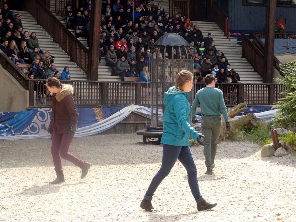 Actors on the stage of the Raveleijn theatre at the Marerijk kingdom, during the Raveleijn Parkshow, viewed from the Wapen van Raveleijn restaurant