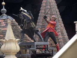 Actors on the stage of the Raveleijn theatre at the Marerijk kingdom, during the Raveleijn Parkshow, viewed from the Wapen van Raveleijn restaurant