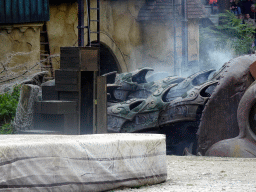 Dragon on the stage of the Raveleijn theatre at the Marerijk kingdom, during the Raveleijn Parkshow, viewed from the Wapen van Raveleijn restaurant