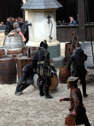 Actors and horse on the stage of the Raveleijn theatre at the Marerijk kingdom, during the Raveleijn Parkshow