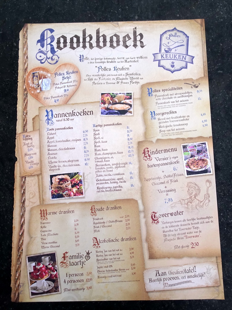 Menu of the Polles Keuken restaurant at the Fantasierijk kingdom