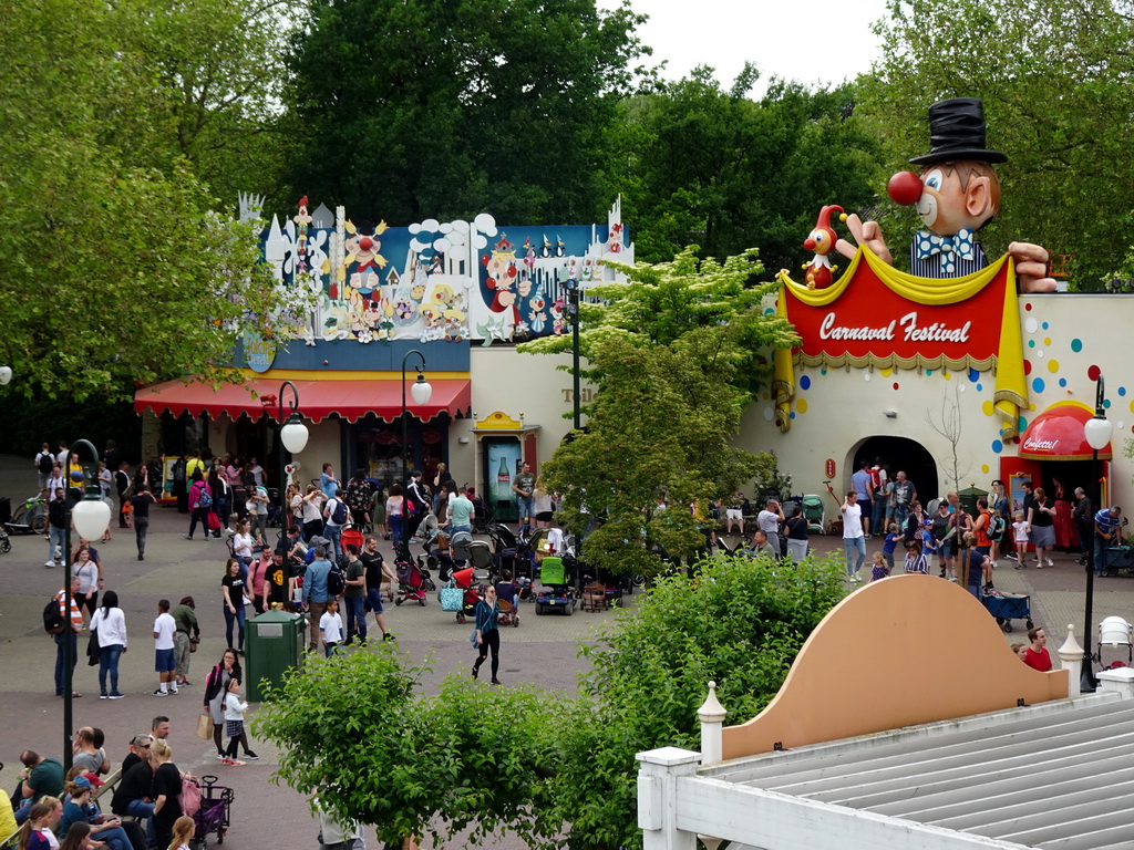 Front of the Jokies Wereld shop and the Carnaval Festival attraction at the Carnaval Festival Square at the Reizenrijk kingdom, viewed from the roof of the Panorama restaurant