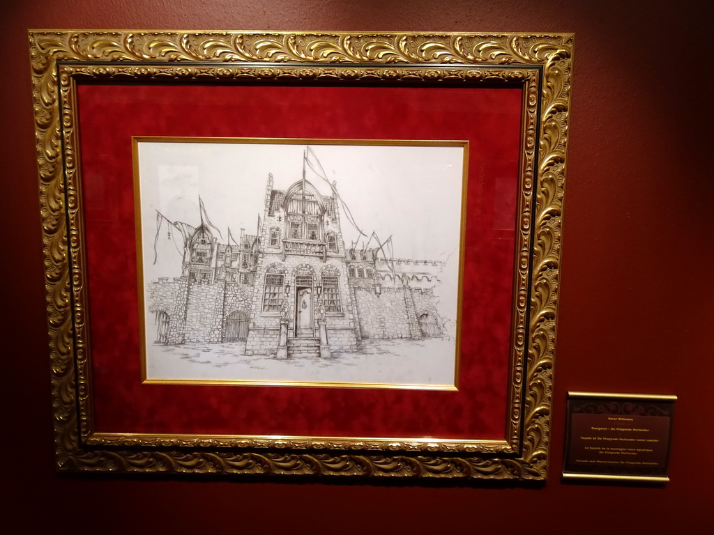 Drawing of the east facade of the Vliegende Hollander attraction at the Efteling Museum at the Marerijk kingdom, with explanation