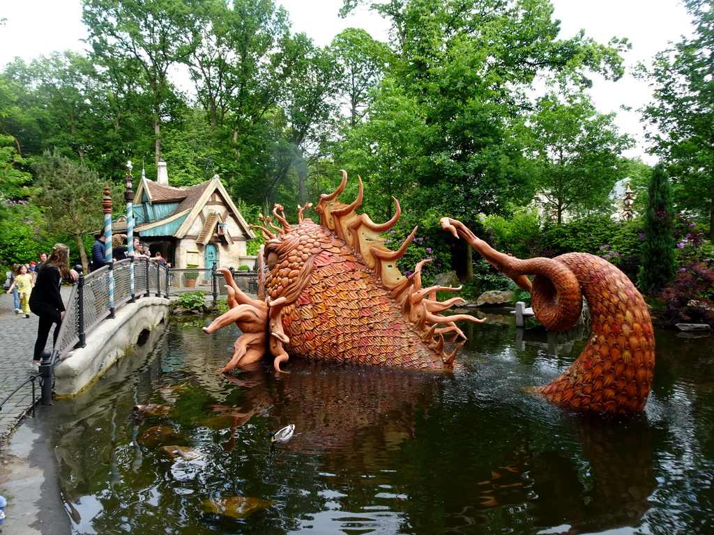 Geppetto`s House and giant fish at the Pinocchio attraction at the Fairytale Forest at the Marerijk kingdom