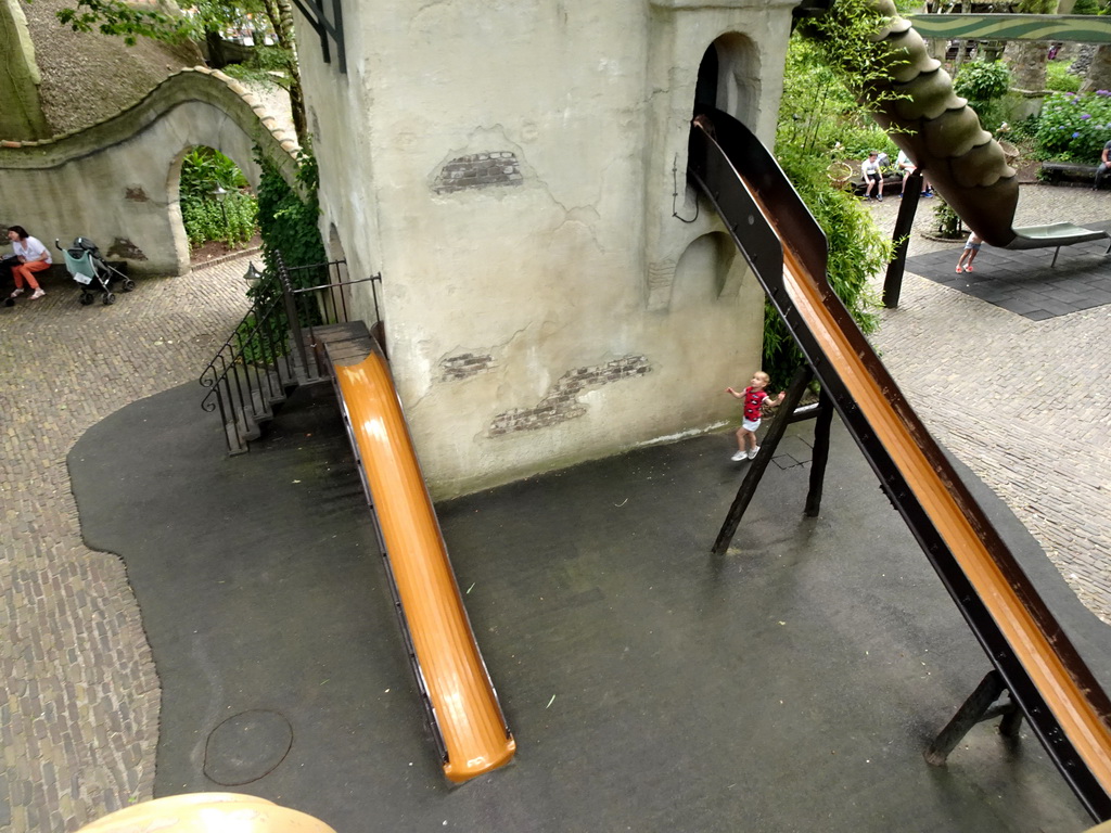 Slides at the Glijhuys building at the Laafland attraction at the Marerijk kingdom, viewed from the monorail