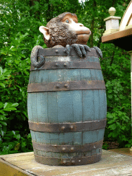 Statue of a Monkey in a barrel at the Eigenheymer shop at the Ruigrijkplein square at the Ruigrijk kingdom