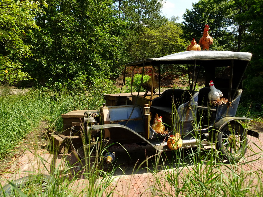 Automobile and chickens at the Oude Tufferbaan attraction at the Ruigrijk kingdom, viewed from an automobile