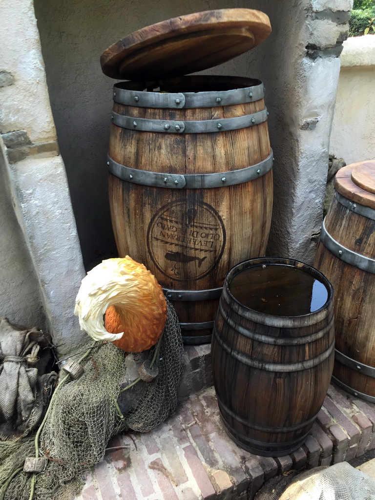 Wooden barrels and fox tail at the Pinocchio attraction at the Fairytale Forest at the Marerijk kingdom