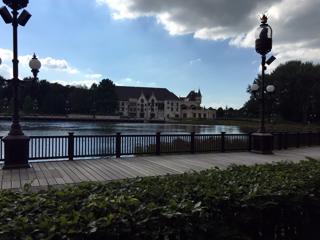 The Aquanura lake and the Efteling Theatre of the Anderrijk kingdom, viewed from the train