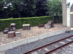 Chests and wooden barrels at the Train Station Marerijk at the Marerijk kingdom, viewed from the train